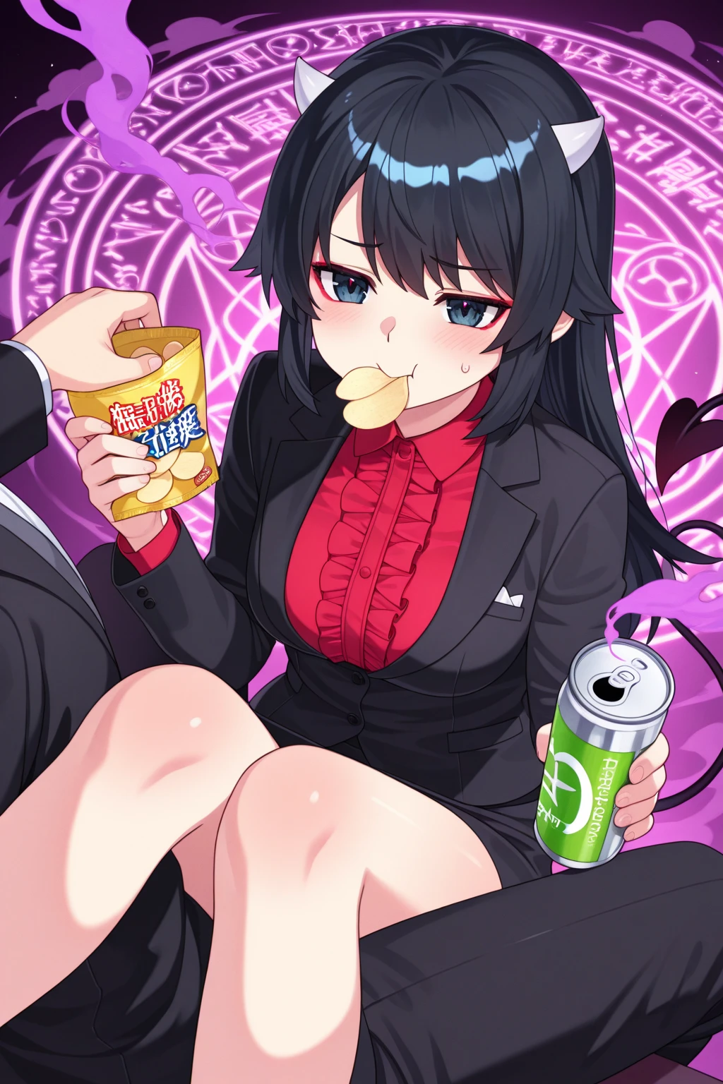 girl with light brown skin, brown eyes, long and wavy black hair with white and red highlights at the ends, wears a red ice cream parlor uniform, is smiling in a disturbing way while looking at the  in her lap a
, a red-haired boy with purple streaks in his hair, with some piercings on his face wearing a black sweater with orange and green embroidered details, the sweater is long on the boy because his shorts are a little short, he must be around 7 years old and looks a little scared