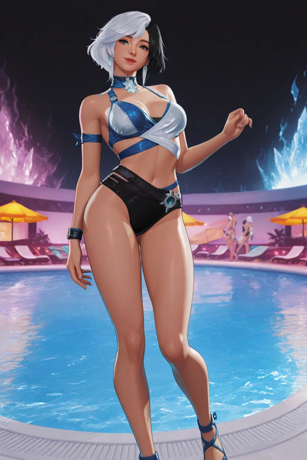 Create a digital anime-style image of a young woman with a modern, hair half top half light pink and half bottom light blue, hair cut side shaved head, eyes blue, lips atractive, beatiful fitness of her body. edgy appearance standing confidently in a dimly lit room with a cyberpunk aesthetic. The woman should tight small suit cyberpunk, sample legs and foot, legs open frontal bedroom, styled hair with vibrant colors, The room cyber high details. cute nose, seductive,white choker, pink lips, freckles, large breasts, pretty girl