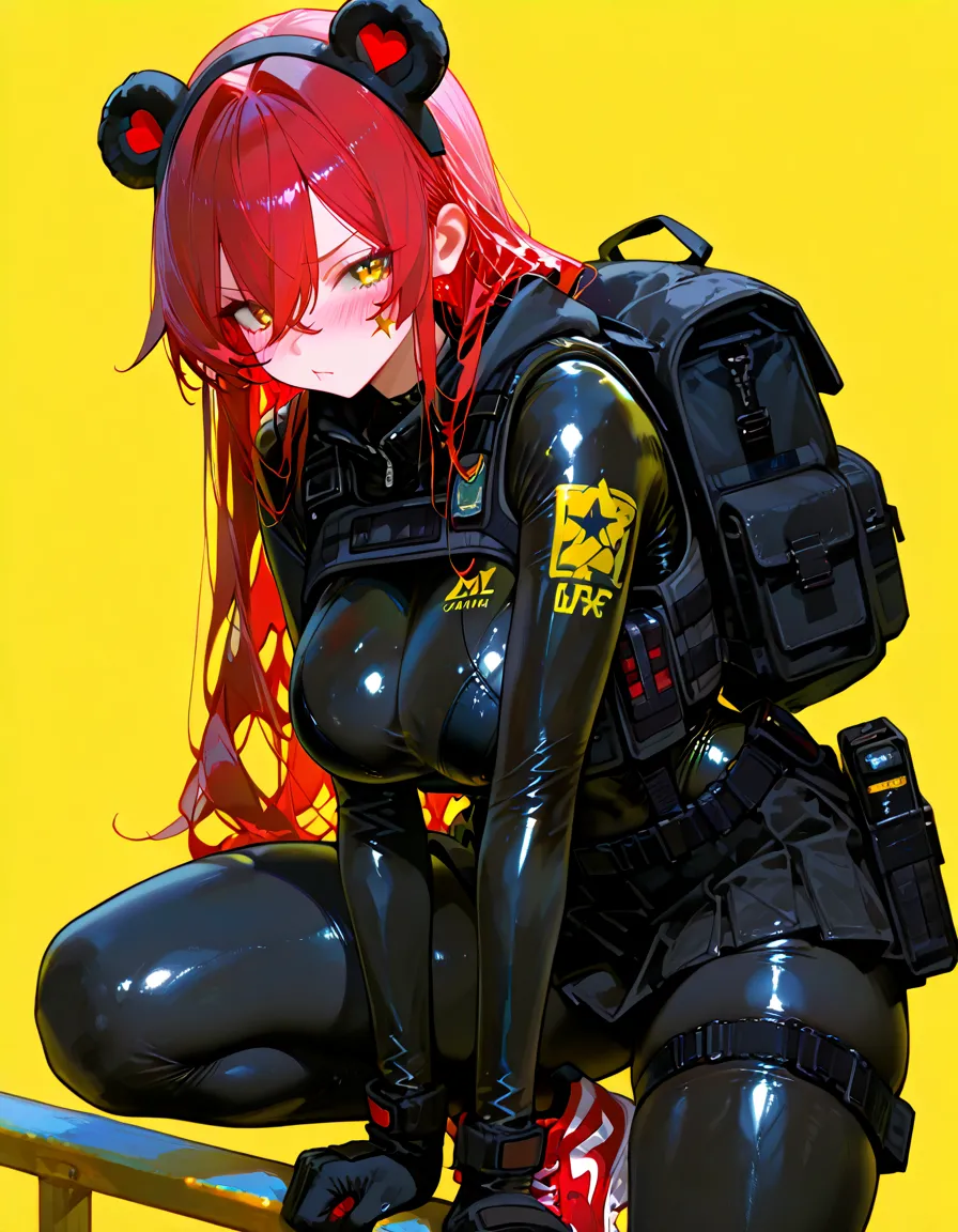 masterpiece, best quality,CG,UHD,1girl,SOLO,, ,multicolored hair, (,side lighting, lustrous skin), (beautiful detailed eyes),, disheveled hair,tactical, (Half Mask Respirators:0.85), see-through bright orange bodysuit under jacket,(medium Breasts:1.3),(covered nipples:0.8),looking at viewer,simple background,