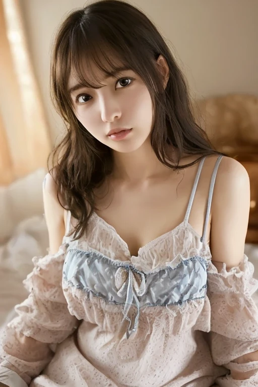 ((Best Quality, 8K, Masterpiece: 1.3)), realistic high quality photos, best quality, girls cute-fine face, beautiful Japan girl of 15 years old, photos of slim little girl models, Japan models, beautiful girl models, young Asian girls, young cute one asian faces, Japan girls, 15 year old female models, beautiful model girls, innocent expressions of the girl next door, Lovely delicate face, brown hair, beautiful brown eyes, tear bags, drooping eyes, young body