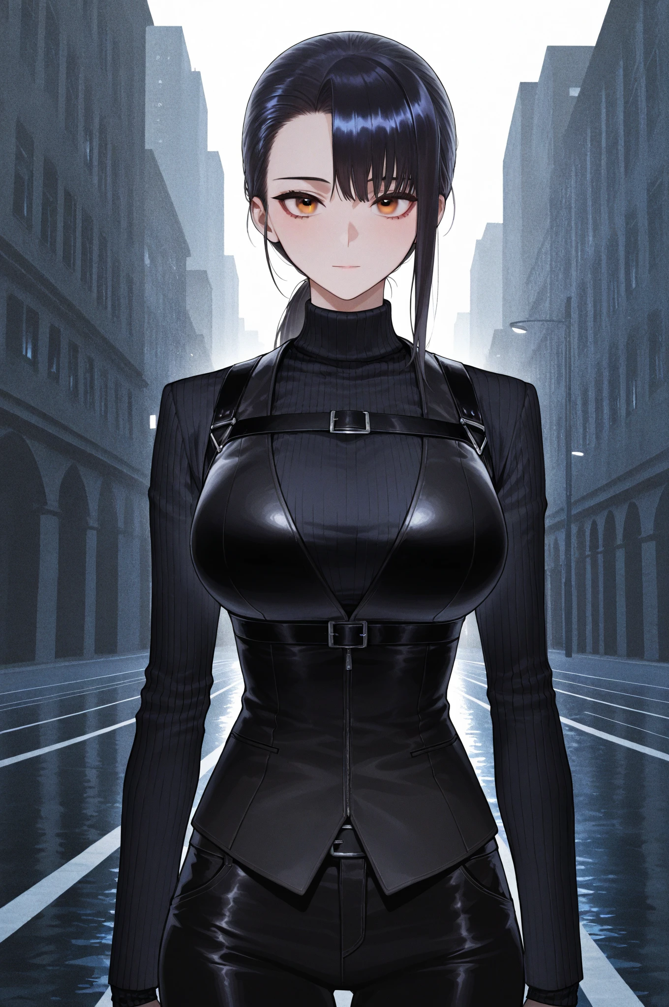 anime, (obra de arte, melhor qualidade, ultra-detalhado, alto contraste), 1 mulher (Sozinho, corpo todo, corpo plus size, standing on the edge of the skyscraper, cabelo prateado, CABELO LONGO E FLUXO, olhos vermelhos brilhantes de rubi, (qipao preto, black cybernetics with neon pink), meias pretas transparentes), (skyscraper roof, com vista para uma cidade, fundo detalhado ((night time, Darkness, low light pollution)))
