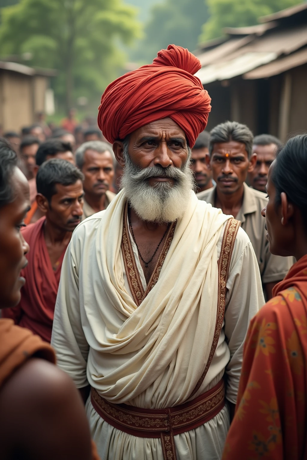 A hindu guy 50 years of age, brown with lot of chest hair, standing in front of a hijabi girl, his cock is out, cock is big, black and veiny, wears dhuti, and a geruya panjabi.