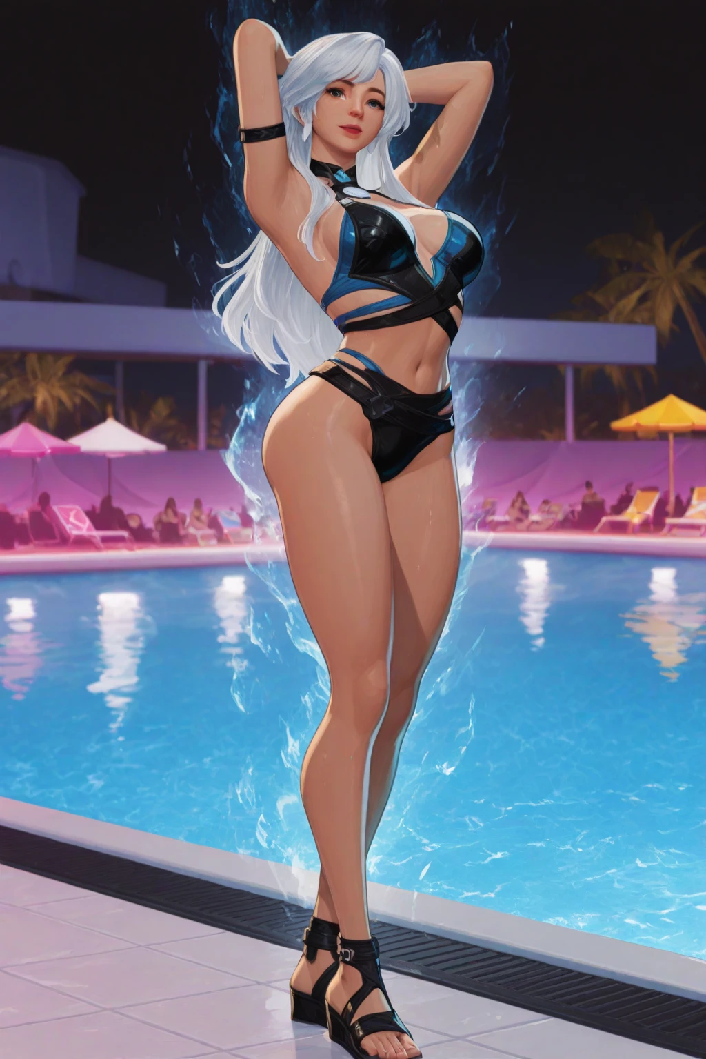 (back view, cute butt),((hyper-realistic illustration:1.3)),(black clothing:1.3).((beach)) at night. Cute 18 yo (albino:1.4)woman of Slavic descent.(short:1.1), , long white hair, gray eyes, ((very pale:1.4)). Innocent look. Gentle spirit.(virgin), (black bikini, sandals).hat,(joy),((smile)).Masterpiece, best quality(highly detailed:1.2),(detailed face and eyes:1.2), depth of field, 8k wallpaper, studio lighting, core shadows, high contrast, bokeh.