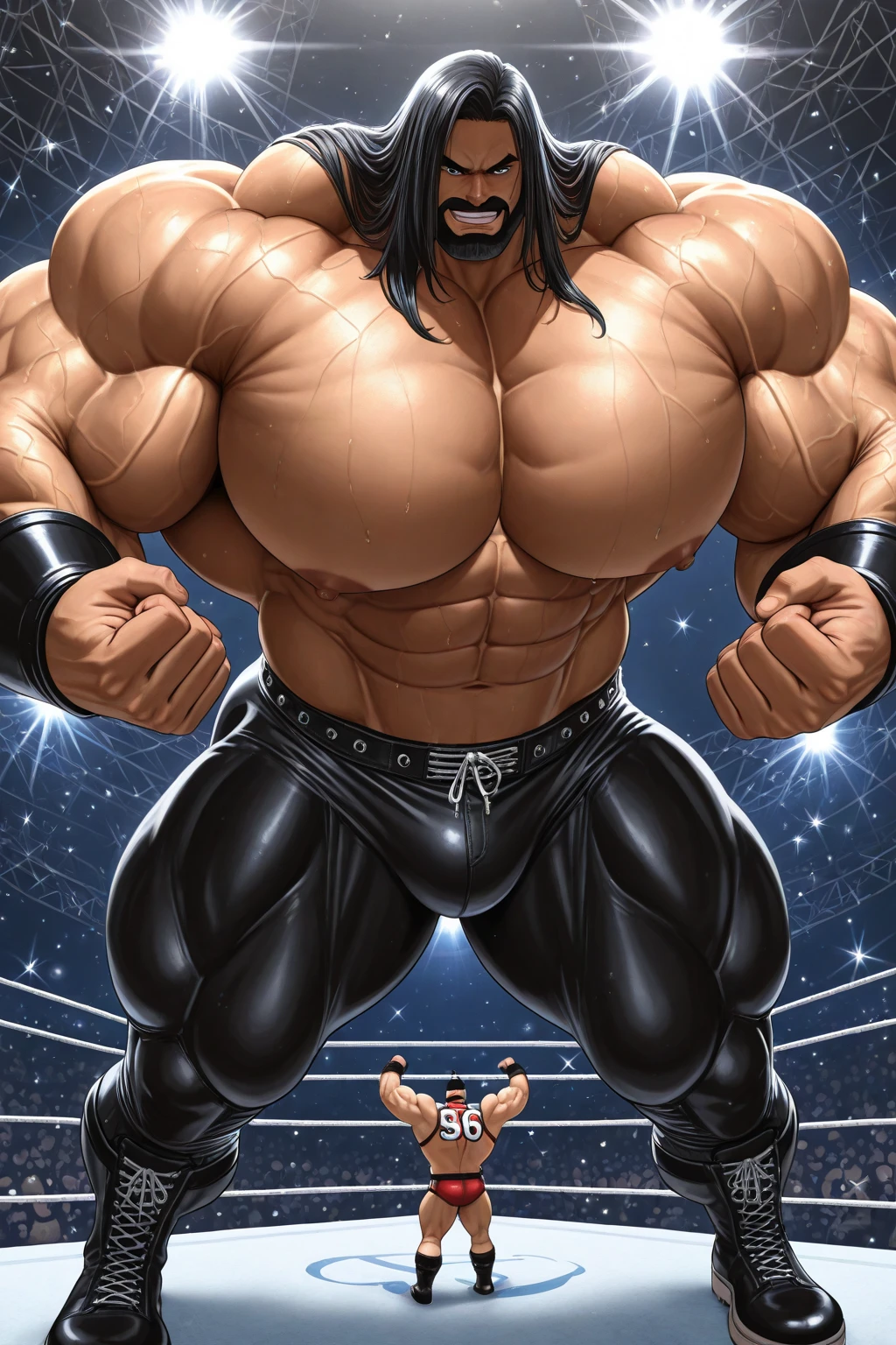 Robust champion man, torso exposed, legs bare from thighs to feet flowing long curls, meticulous muscle definition, lifelike representation, 4K resolution. Background: Stadium filled with cheering spectators,32k uhd, best quality, masterpiece, super detail, high details