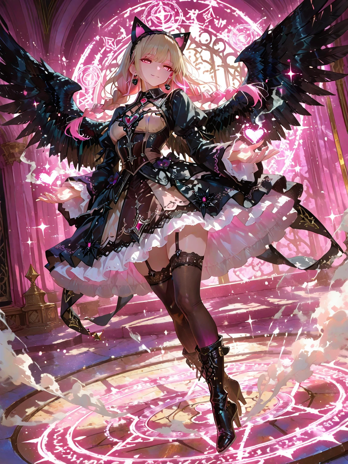 ((Highest quality)),(Ultra-high resolution),(Very detailed),(Detailed Description),((The best CG)),(A masterpiece),Ultra-detailed art,Amazing painting art,(Works with precise details:1.5), (1 female:1.6),(Beautiful and well-proportioned face:1.5),(Curly Hair:1.6),(Intricately detailed lace dress:1.8),Fine jewellery with exquisite detailing:1.5,Waist Accessories:1.5,Look at me and smile:1.5, See-through nipples, Angel Girl, (((Magnificent angel wings on the back:1.2))), Mature Woman,Descended into the church,(Pastel colored hair:1.3),(Red and black long high heel boots:1.4), (garter belt), (stockings)、 (Floating in the sky with magical powers:1.2),(Floating skirt:1.5), (Embarrassed expression, blush:1.2),(bracelet),(heart choker)