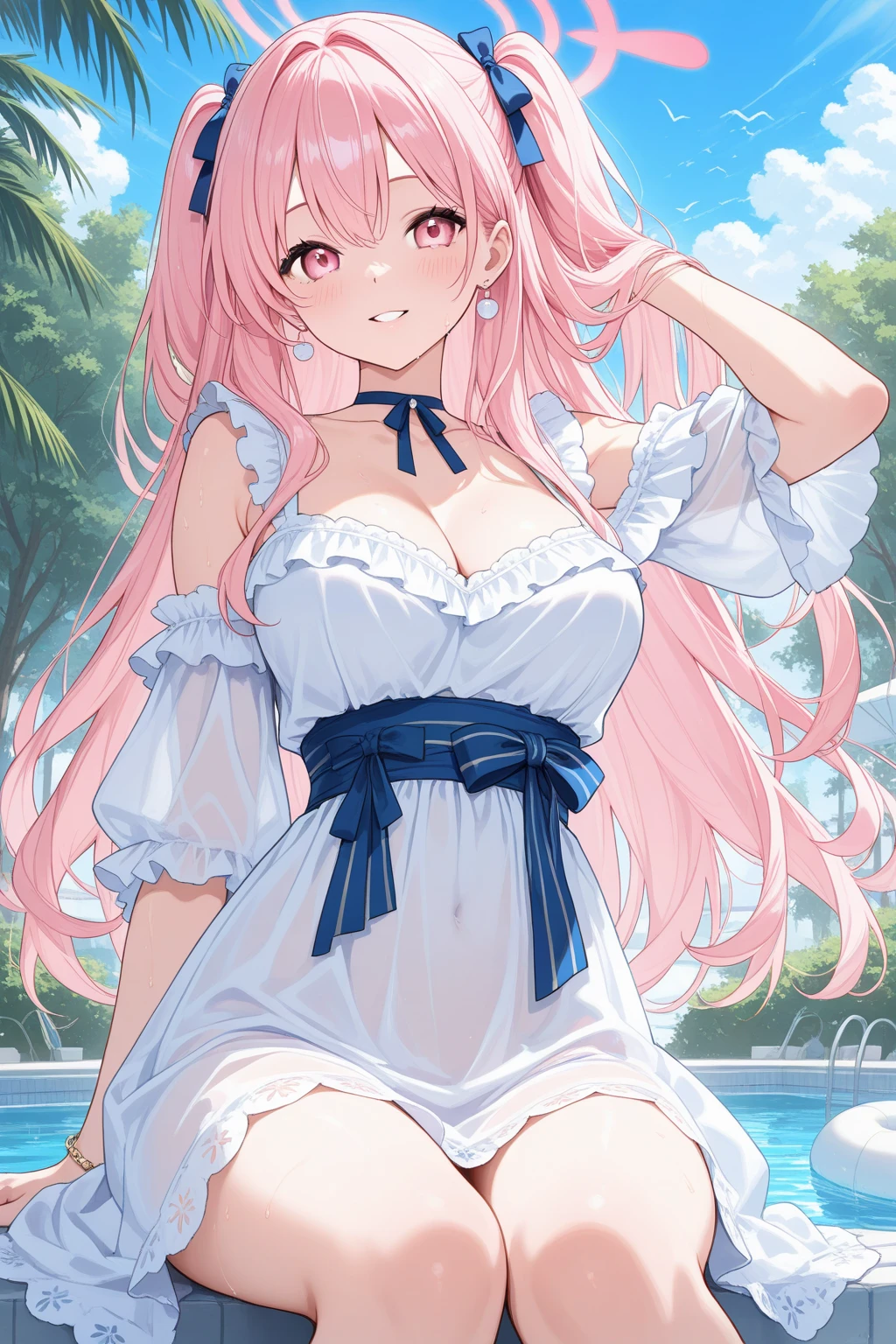 handsome girl，blue-eyes，blue pupils，Long pink hair，Hyperresolution，accuracy，Detailed rendering，（Subtle facial image）（Image of fine hair）（topquality）（Masterpieces of masters）（High degree of completeness）（A sense of atmosphere）tmasterpiece，Super detailed and super detailed（half-body portrait), long wavy pink hair, , in water, (((tHICK WAVY HAIR)))(((ANKLE LENGTH HAIR)))(((Blushing)))(((Huge breasts)))(((LARGER BREASTS))) large breasts, bigger breasts (((Bigger breasts))) (((Blushing))) (((Sakimichan))) (((Pink hair))) (((cute outfit)))(((Casual outfit)))