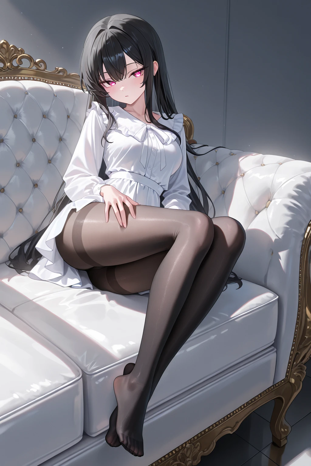 A room with a chessboard、Black cat、Woman sitting on a chair with her legs crossed