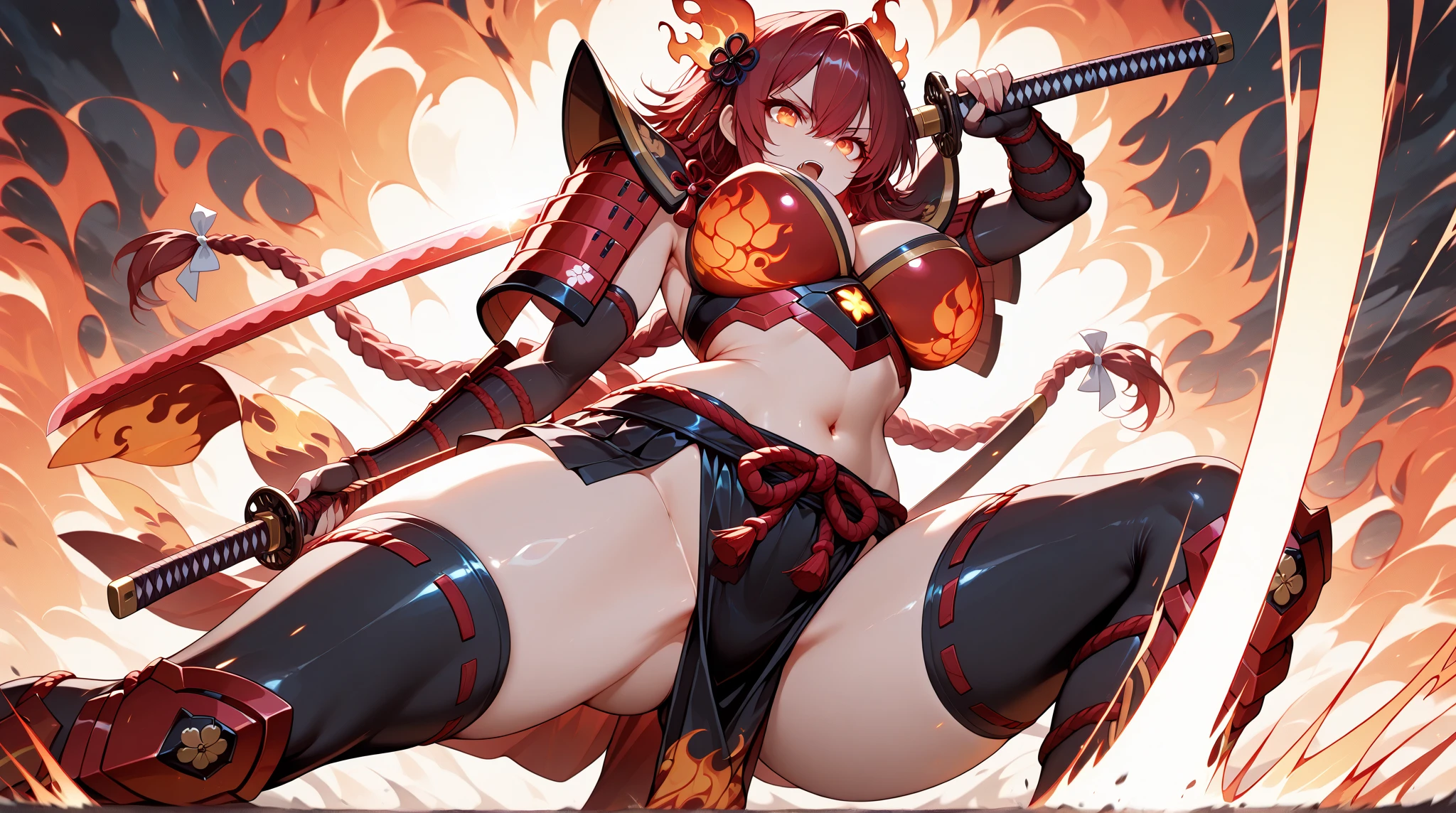 dramatic, gritty, intense, anime character, dynamic fighting pose, 1girl, solo, solo focus, (dark black hair, tied up hairstyle), (wearing black gloves), (wearing samurai armor, armored gauntlets, armored boots, thighhigh boots), (wearing a skirt, orange skirt. pleaded skirt), (black biker shorts), ( big buttocks:1.5) modern art, hair covering eyes, (clenched hand, clenched hands), forest, beautiful face, beautiful eyes, (brown eyes), vibrant colors, night, highest quality digital art, Stunning art, wallpaper 4k, 8k, 19 years old, (large breasts:1.4), triple D cup breasts, round buttocks, cleavage, bubbly buttocks, wide hips, bubbly ass, fit and strong, slender body, HD, unparalleled masterpiece, best quality, full body, dynamic lighting, cinematic, epic, cowboy shot, full body with costume.