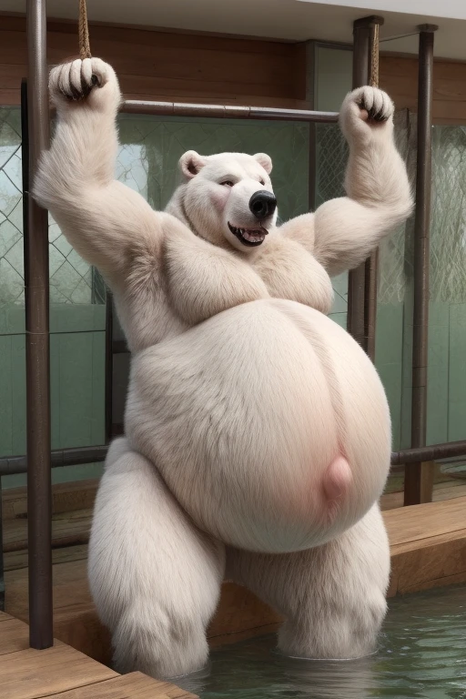 Overweight polar bear、Polar bear fur、Belly rubbing pose、Both hands touching the belly、Pose with one leg raised、Fat-filled abdomen、Profile of face、Side view、Extremely large bulging crotch underwear、Male genitalia outline、Lots of pubic hair、Very long armpit hair、Thick chest hair、Composition looking up from diagonally below、Roaring Polar Bear、Concrete Background、Long body、very short legs、Hairless head、Upward facing face、Sweaty body、A lot of water spilling from the mouth