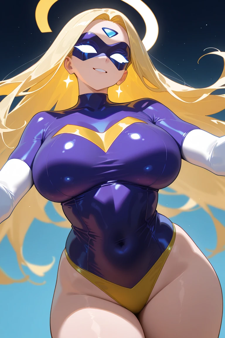 ((Best Quality)), ((Masterpiece)), (detailed), 1 girl, Pastel yellow hair, wide, hair covers one eye, purple eyes, tight, big breasts, big thighs, expression smiling shy, at home, duchansose, unclothed, holding her breasts
