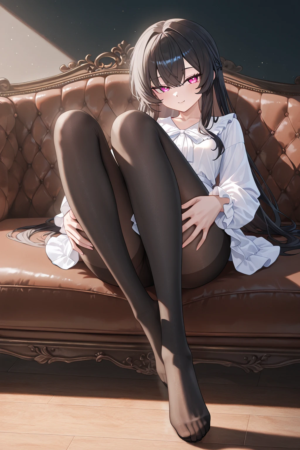 seductive anime girl, 4K digital art,super realistic picture, excessive art, 8K high quality detailed art,sweaty,blush,girl,highly detailed legs,footjob,18-year-old,highly detailed legs,detailed black pantyhose