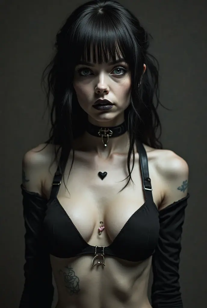 Tous le corp a person with a unique alternative aesthetic. They have dark hair styled with two buns on the top of their head and straight bangs across their forehead. The individual's eyes are a soft green, and they wear dramatic black lipstick. They have a septum piercing and multiple earrings in one ear. Their makeup is notable for the winged eyeliner, and there are artistic black streaks or smudges on their right cheek, adding an edgy touch. They wear a black t-shirt with a graphic design visible at the neckline, and their look is accessorized with a black choker and layered necklaces. The backdrop has a marbled or mottled texture in grayish tones, which complements the dark hues of their outfit and makeup. g0thg1rl ,téton ,micro bikini