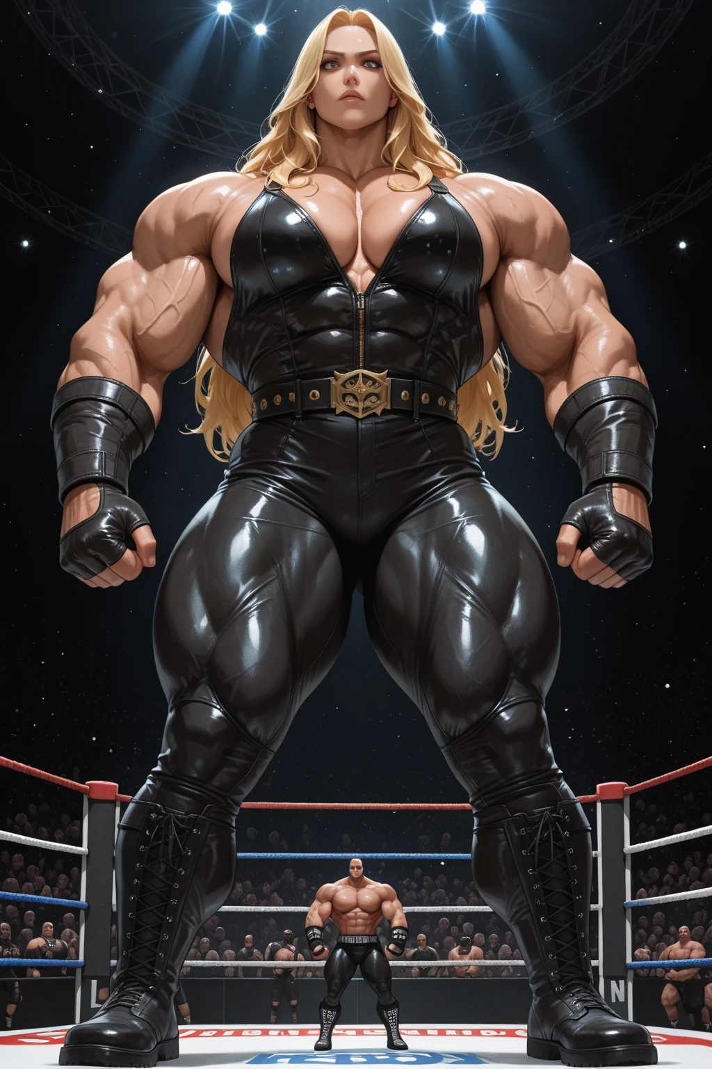  Hyper realistic image of an old blonde rock musician superhero jumping with very long gray hair wearing a black leather police cap on his head A super heavy bodybuilder smiling flexing his muscles A full body obese bodybuilder with a very sweaty body An old man extremely man, muscular and extremely fat over 70 years old Weighing over 600 pounds, a very hairy muscular man with very big legs sagging pecs big dark nipples and gynecomastia jumping in the air on a stage wearing black latex pants and combat boots. 