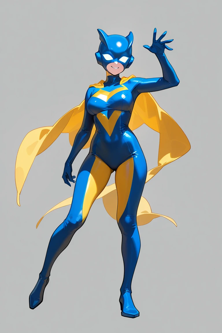 1girl, , , blonde hair,,domino mask,blue superhero clothes, thong, ,full body,breasts,wide hips,hourglass body