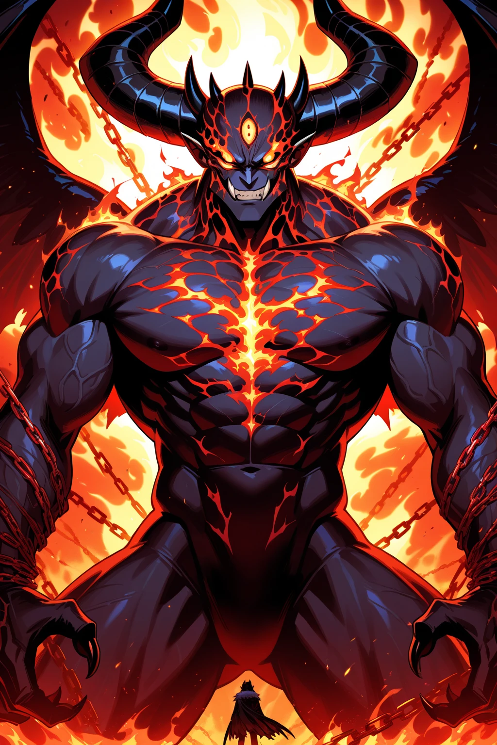 red humanoid monster standing taller than buildings, glowing eyes, skull, skin ripped by melting wax <lora:NausicaaC002:0.8>