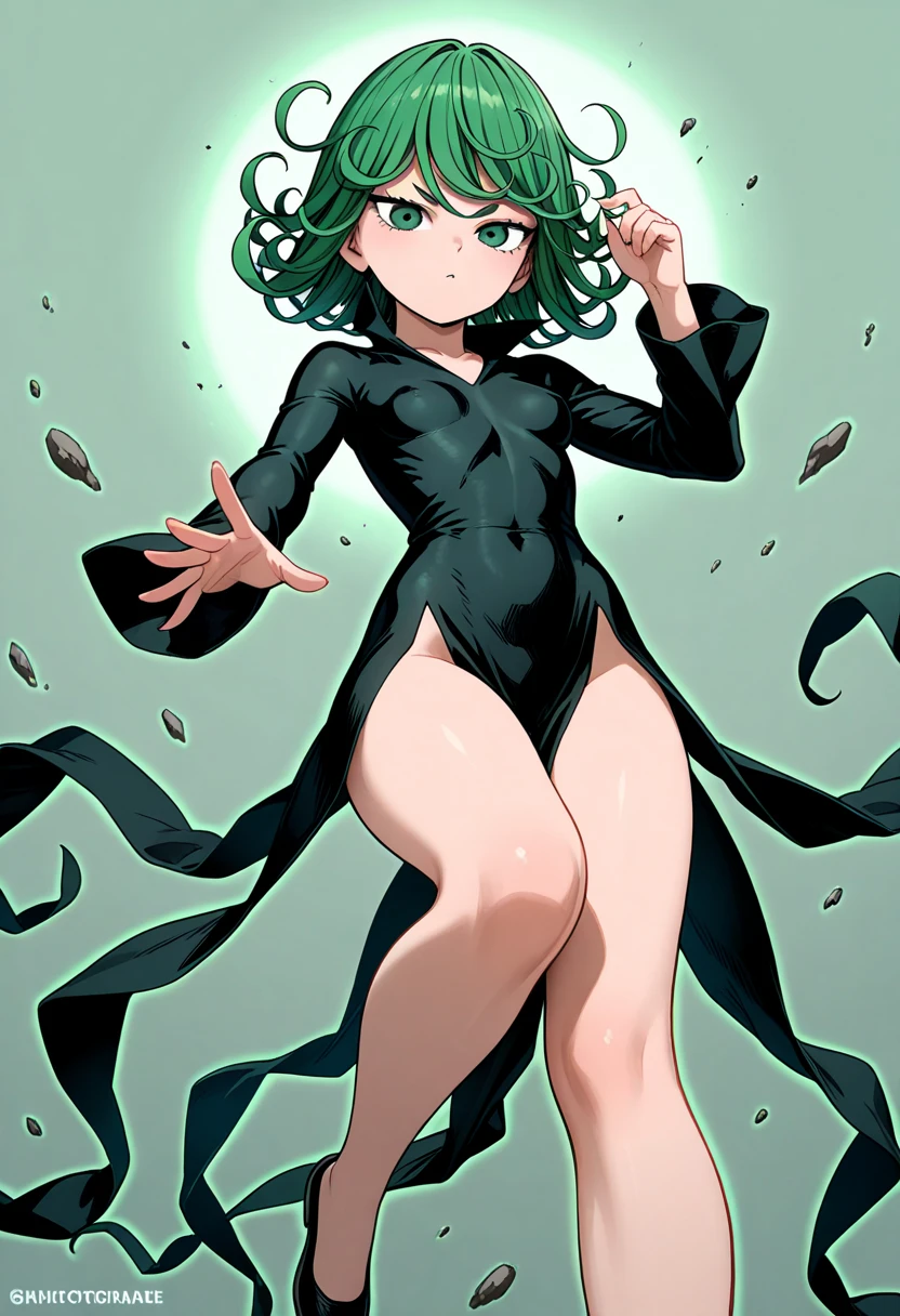 girl, Tatsumaki, short hair, green fur, , The perfect body, Ultra detailed face, detailed lips, thin eyes, dress, it's found, Tempting, enthusiastic, convex areolas, vapor, from the bottom, very small tits, masturbating, thick thighs, opening your legs