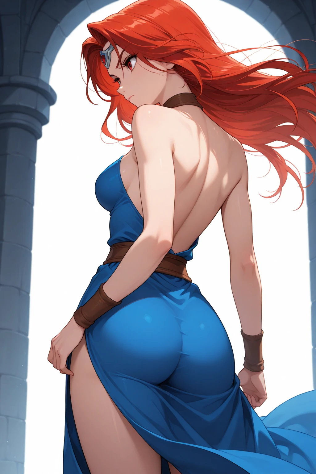 karinuzumaki, ((long hair, red hair, bangs, glowing red eyes, glasses, wide eyes, lipstick, makeup, narrow waist, skinny, medium breasts, alone, gloves)), pelvic curtain, ((white dress, wedding dress, Scooped up the ass, gloves, tiara)), full body, perfect body, (insanely detailed, beautiful detailed face, masterpiece, best quality) , (((solo))), (((1girl))), (((mature))), (extremely detailed 8k paper CG wall unit: 1.1), (wedding, konohavillage, head statues of hokage at mountain, flower, at dawn, church, out of church, cloudy sky, dusk), (smile face for the viewer), big ass, from back, behind, View from above, Diagonal view