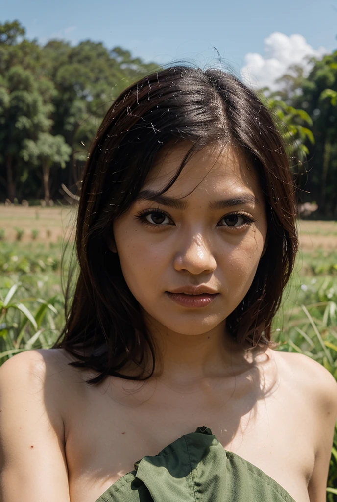 ((RAW)), (masterpiece), (detailed), 1 nguyen girl, solo, 25 years old, Perfect face, Playboy model, morning light, sun-tanned, sharp, (posing in the middle of a rice field in naked), bulged small round breasts, harden nipples, bushy smiles, round hips, g strings , nsfw