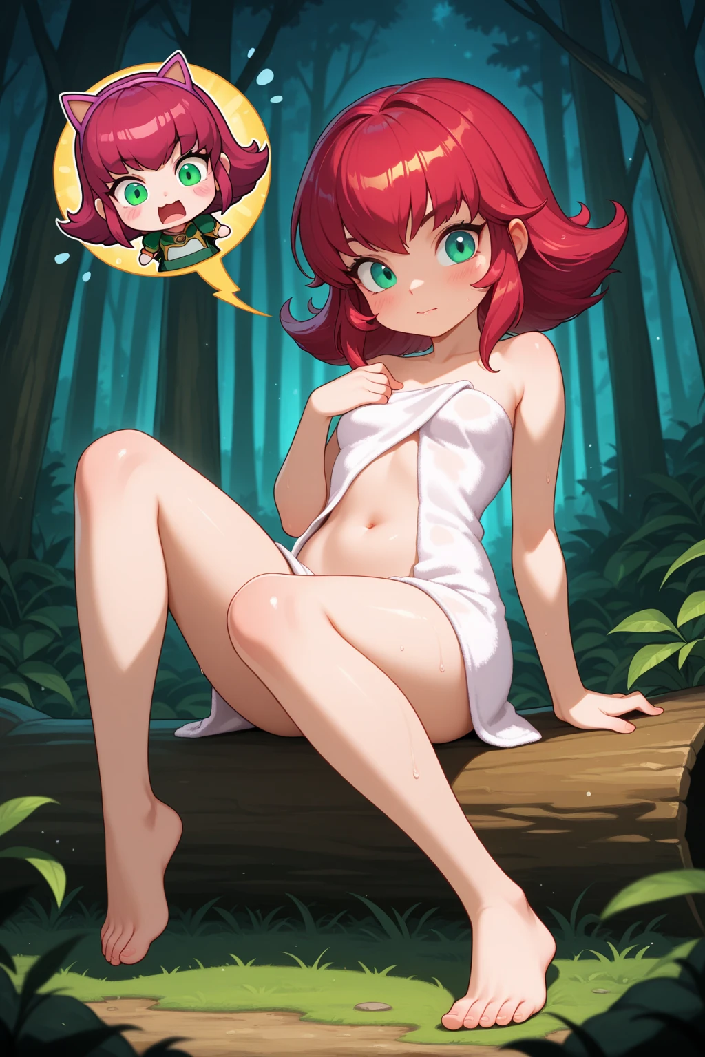 (Masterpiece), Best Quality , ultra-detailed, 1girl (Gwendolyn_Tennyson, breasts, naked body, orange hair, short hair, green eyes, half-closed eyes), a come-hither face, wicked smile, parted lips, solo, facing viewer, looking at viewer, sundress,(wet, see-through), forest, in the mountain cabin, night time, dark lighting, standing, come-on, spread arms, wet body , strong wind, rains, skirt lift, love juice flows out of her pussy, from_below