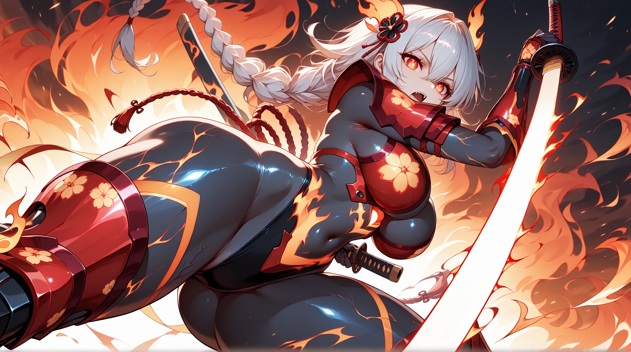 helga, dark-skinned female, short hair, silver hair, huge breasts, muscular female, thick thighs, thick arms, tomboy, holding axe, reflection light, blending, bloom, god rays, ray tracing, Fujicolor, drop shadow, Gothic art, anime, Ghibli-like colours, anime style, UHD, retina, masterpiece, ccurate, anatomically correct, textured skin, super detail, high details, high quality, award winning, best quality, highres, 1080P, HD, 4K, 8k, 16k,standing, warrior pose, axe holding,refsheet, charactersheet, red bikini, short pants, happy, smile, blush, pullover coat,