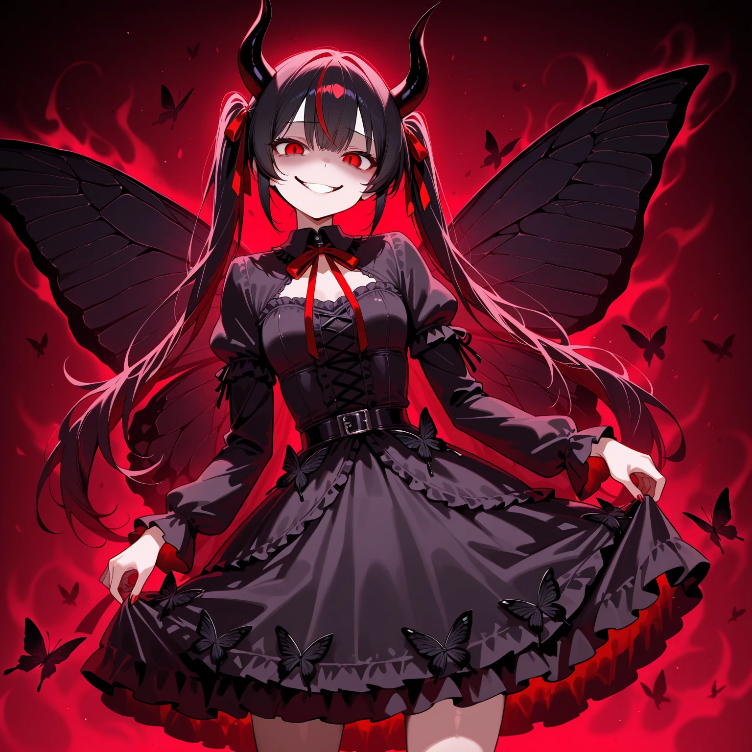 (Highest quality,4K,High resolution,masterpiece:1.2),Very detailed,Realistic:1.37,masterpiece, Highest quality, Exquisitely crafted, woman, beautiful, elegant, smile, Blood, iridescent Long Hair, bangs, skirt, shirt, Long sleeve, Frills, shoes, (Red and Black:1.4), flower, Spooky, Horror, 頭蓋Bones, Long Hair, Black Hair, Candles, Blood, hair flower, The dead, hair ornaments, Bone,  doll, 頭蓋Bone, skeleton,  Horror (theme),Spooky altar background,Dark fantasy,Red color scheme,Ominous atmosphere,Eye-catching,Storytelling,???????,Anime Style,Concept Art,beautiful細部までこだわった顔と (((Red eyes ))),Terrifying Ritual ,Satanic Ritual,Untimely Death,Unjust act,クレイジーなsmile,Scythe Face,Girl Monster, beautiful,  Delicate facial features, Sharp Eye, Sharp Fangs, Pale skin, Blonde,robot,Cursed Painting, Dark Background, Cinema Lighting, Dramatic Shadows, Gothic style, Gloomy atmosphere, Dark fantasy, One Girl, , Please open your mouth wide, Open your mouth and baring your teeth,Sharp teeth like a beast, Wide lips, very wide mouth, Vermilion cheeks, ,(Bloodしぶき:1.4),Scary smile, laugh at,Fallen angel design, ねじれたsmile、Bloodまみれの、頭からの出Blood,、Bloodしぶき、,(Bloodしぶき:1.4),Crossbones, 頭蓋Bone,Horrorスタイル, ((Fantasy Fallen Angel Costume)), ((流れるようなBlack Hair)), ,(Bloodしぶき:1.4),womanの曲線, Sexy flat stomach, Perfect hands, Perfect anime face, ((White Lolita Dress)), Are standing, ((邪悪なsmile)), ,(Bloodしぶき:1.4), Steam circulates, Moonlight Illumination, night lighting, disaster々new devil horns,,(Bloodしぶき:1.6),アニメFallen angel design, ねじれたsmile、Bloodまみれの、頭からの出Blood,、Bloodしぶき、,(Bloodしぶき:1.4),Crossbones, 頭蓋Bone,Gothic architecture、Western architecture、Fantasy World、,Victorian cities, 骸Boneのガス灯,