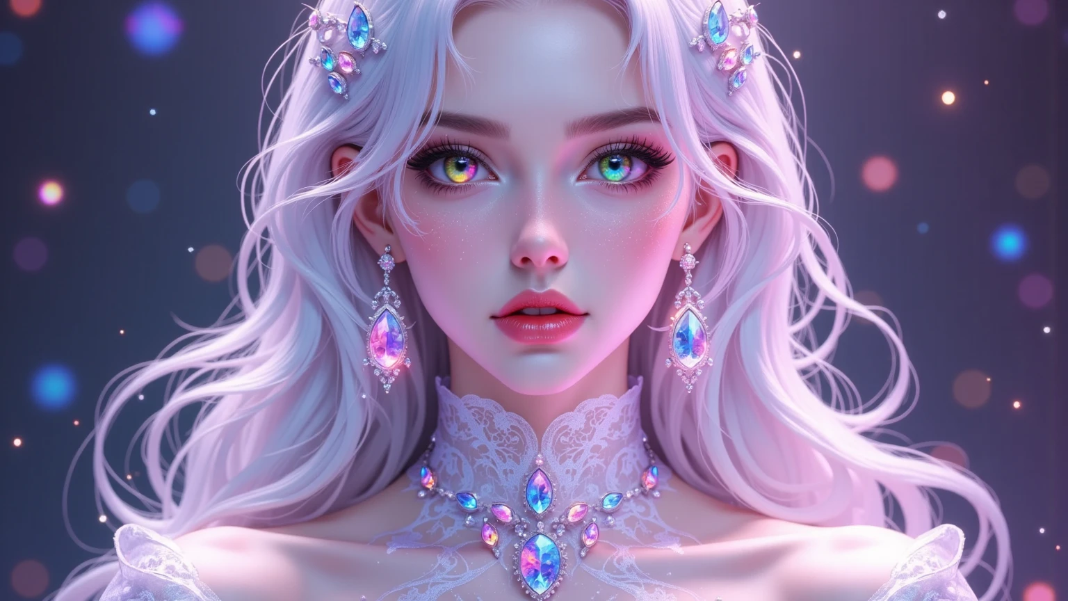 {-erro_de_anatomia:1.0} masterpiece, highest quality, (perfect face:1.1, (high detail)1.1, sweet stardust vampire , long soft white hair, opal eyes, perfectly drawn face, black dress, white background, prismatic lighting, glitter, whole body,