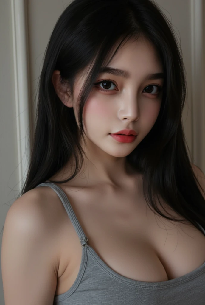 Black Hair、Black Eyes、Beauty、Gal、The front hair is up、long hair、gorgeous、Long eyelashes、Big Eyes、Earrings、Grey sports bra、Cleavage、whole body、Great thighs、Beautifully defined abs、Slimy skin、Oily skin、Wet skin、White skin、Light reflecting skin、Glossy finish、Realistic details、Perfect body