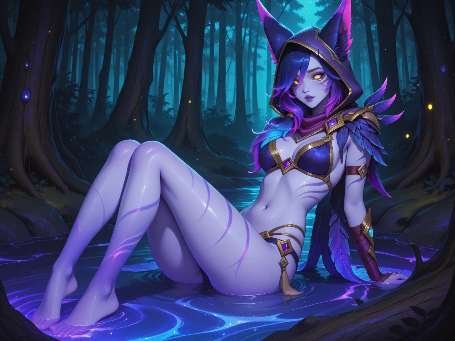 anthro purple protogen fursona, dark creepy forest in the background illustration, hand-drawn, bold linework, anthro illustration, cel shaded, 4k, fine details, masterpiece, (glow, dreamy, otherworldly, dream-like, breathtaking, captivating, divine), bright stars, vibrant colors, sexy pose, laying down in a medieval castle, above average hips, waifu character portrait, art by Kazenoko, featured on pixiv, 1 girl, by Ilya Kuvshinov, Kantoku art, very detailed anime art by Redjuice