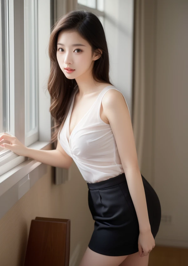 (1 woman), beautiful and seductive smile, (best quality: 1.4), (super detailed), (highly detailed CG integrated 8k wallpaper), highly detailed, high resolution raw color photo, professional photo , wonderful face and eyes, make-up , (seductive expression), (surprisingly beautiful girl), ((business suit)), ((miniskirt)), (business shirt with a plunging neckline), (legs spread a little), (:1.3), Insertion, Seductive, (Dim bedroom: 1.3), Candle, (View from below), ((Body turned around)),