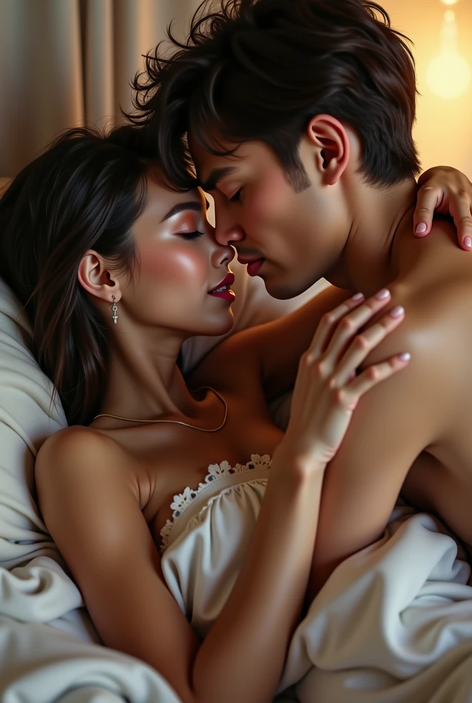 mature boy kissinv girl boobs on bed