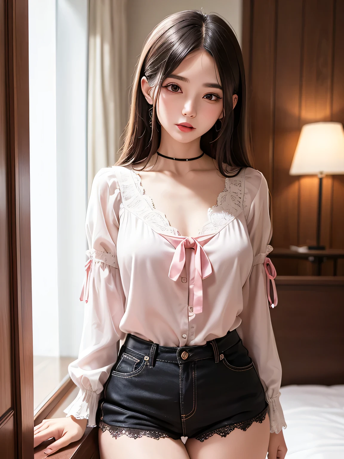 very detailed CG Unity 8k 벽지, top quality, very detailed, masterpiece, realistic, photorealistic, very detailed 귀여운 소녀, 25 years old, (secretary), blush, chapped lips, round eyes, medium chest, viewer, half body shot , (Showing panties) , panties under pantyhose, office , seat ,