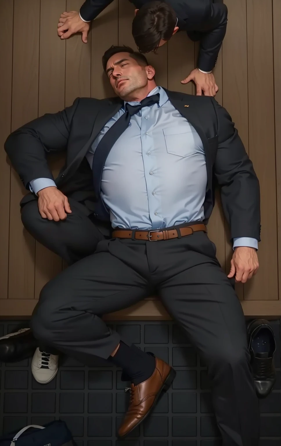 50 years old,daddy,"shiny suit",wear white shirt, very glossy pants, necktie, waistcoat, shiny satin trousers,dark gray satin fabric ,Dad lie down on bed,  k hd,in the office,"big muscle" ,black hair,asia face,masculine,strong man,the boss is,handsome,,leather gloves,lecherous dad,look straight ahead,dad is handsome,dad is handsome, dad is "big horny daddy"