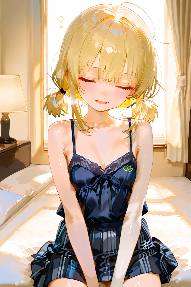 Highest quality、Ultra-precision、One Girl、(Kagamine_Also)、 Yellow Eyes、Cute S、short hair、White Hair Ribbon、Valletta、blonde、Embarrassed look、younger sister、On the bed、Large Breasts、No clothes、naked、Browsing Caution、Please show me your whole body