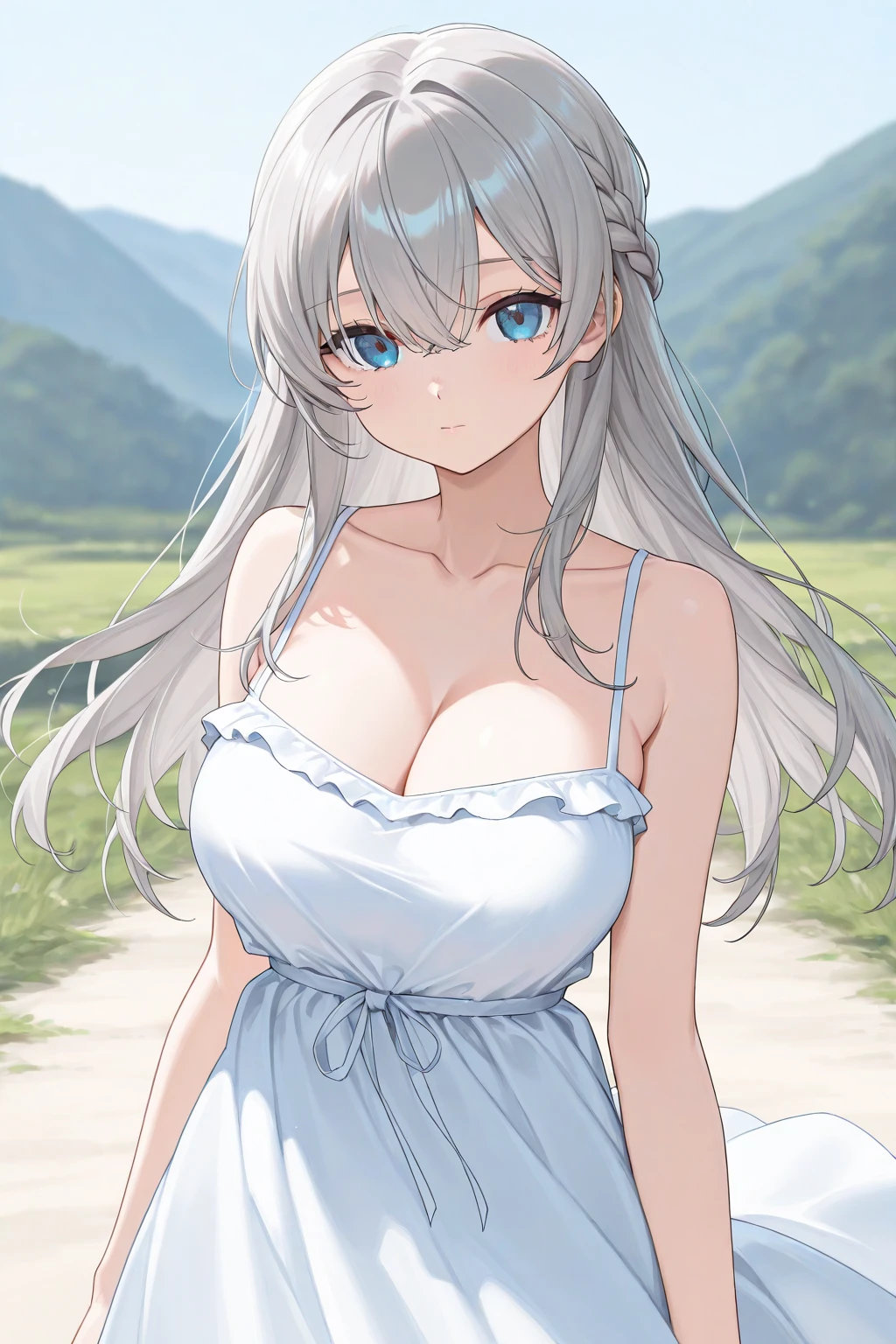 big breasts:1.2、、highest quality、very detailed、Very realistic eye masterpiece、highest quality、very detailed、gray hair、perfect face、long hair、white dress、sundress、lily、two girls、anime、kiss、countryside