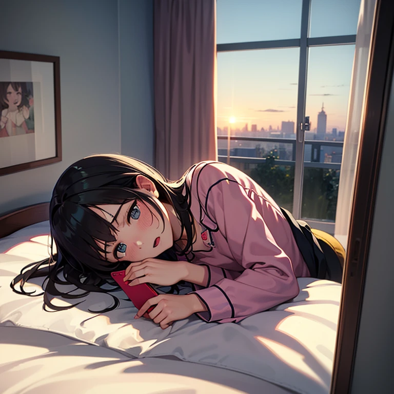 a cute girl with pony tail, reading a book, lying on her bed near a windows, the whole city is visible from the window, she wears a headphone, coffee cup at bed side, sunset time, warm color, dream, anime, fantasy, Lo-Fi, 4K, full body, High-Quality.