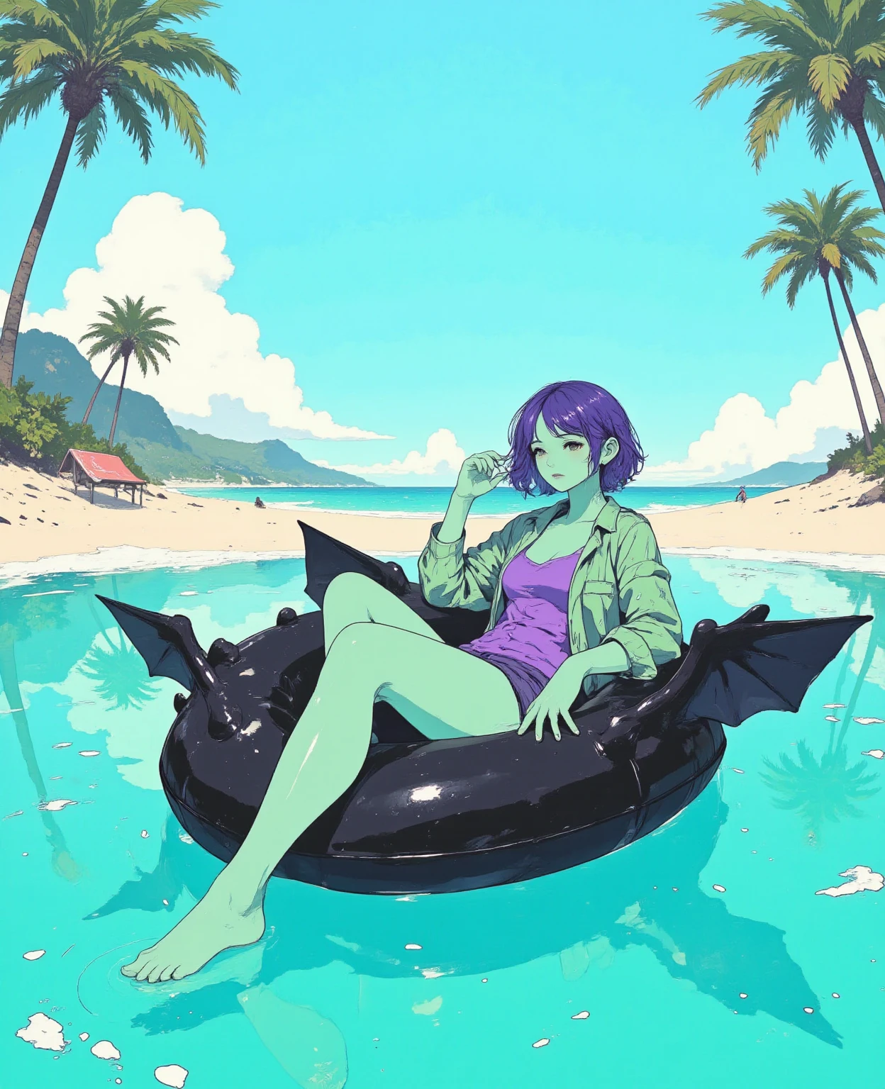 ((best quality)), ((masterpiece)), (detailed), perfect face, ((green skin)), pointy ears, very shy, tiny breasts, wearing sunglasses, short dark hair, on the beach, sitting in a beach chair under a large umbrella, wearing large beach hat, in the shade of an umbrella, wearing a modest bathing suit, full body, reading a book
