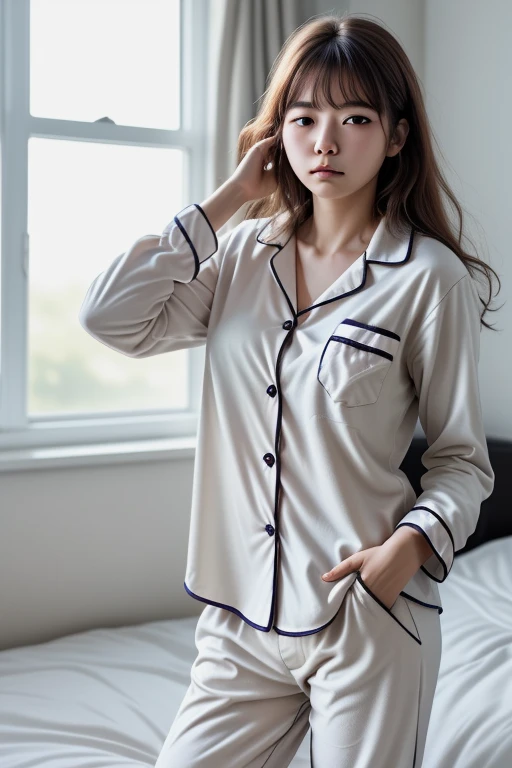 Cute 21 years old Japan、Bedrooms、Sleeping in bed、Super Detail Face、Eye of Detail、double eyelid、beautiful thin nose、sharp focus:1.2、prety woman:1.4、(light brown hair,short-haired、),fair white skin、top-quality、​masterpiece、超A high resolution、(Photorealsitic:1.4)、Highly detailed and professional lighting smile、full body Esbian、Overall、s Pajamas、