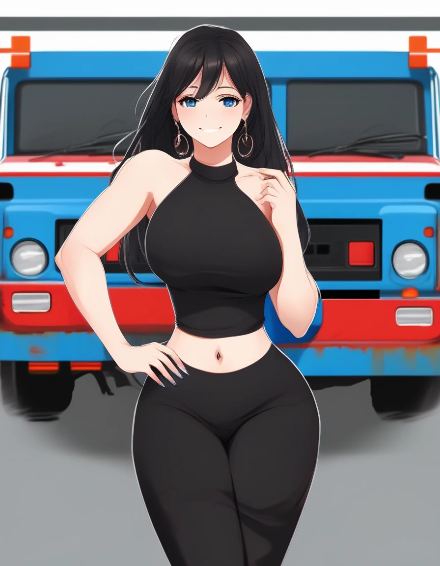 (best quality:1.3), (4K quality), (Detailed face:1.2), (Detailed eyes:1.2), 1girl, solo, Taiwanese woman, long black hair, With bangs,1 female in, 28 yo, Beautiful face, mascara, pink eyeshadow, glossy lips, red lipstick, closed mouth, smirk, big breasts, deep cleavage, pale skin, Black tight tank top, Tight Denim booty shorts, black high-heel shoes, standing. (Background: Indoors, car repair shop). The woman is an automobile repair mechanic. She's looking at the camera with a flirtatious smile.
