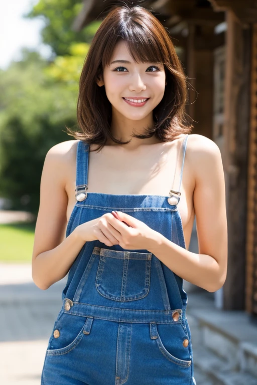 Beautiful woman, smile, topless,Underless、 Wearing only oversized overalls, Horticulture, Muddy, Covered in mud、plant, (Spread your legs, Sitting, spread:1.2), Highest quality, Very detailed, Realistic, photoRealistic:1.37, Professional Lighting, Bright colors、barefoot、Medium size bust、Brown Hair、Messy Hair、全身Muddy