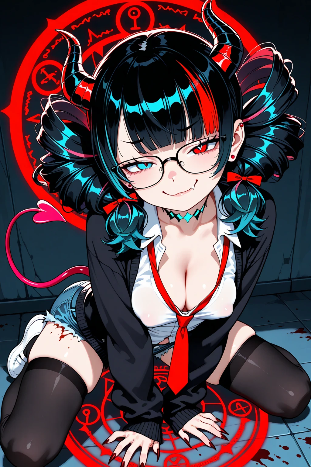 1girl, chainsaw man, rabbit hole \(vocaloid\), yoru \(chainsaw man\), absurdres, official art, solo, animal ears, bare legs, barefoot, black hair, black leotard, bow, bowtie, clothing cutout, cross scar, detached collar, fake animal ears, feet, heart cutout, jacket, knee up, leotard, open clothes, open jacket, open mouth, pink bow, pink bowtie, pink eyes, playboy bunny, playing with own hair, rabbit ears, scar, scar on cheek, scar on face, scar on nose, sitting, solo, strapless, strapless leotard, white jacket, ((very aesthetic, best quality, ultra detailed)), painterly