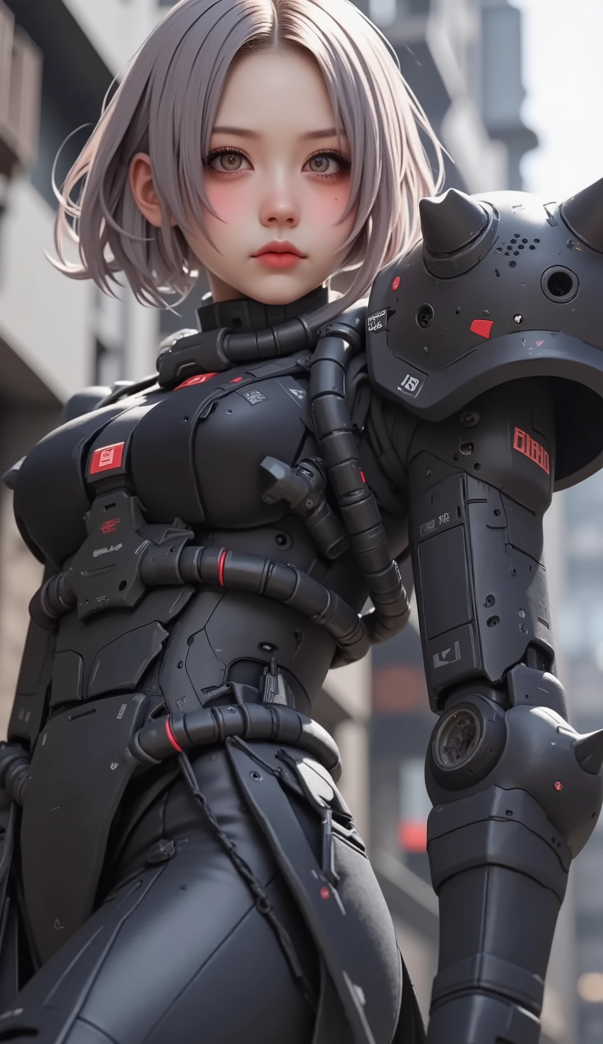 close-up of a person, Zaku, dynamic action pose ,red, MEGASCAN , Shiro Masamune style , Masamune Shirow, inspired Masamune Shirow, Zaku, Female Mecha, Black Mecha, Japanese Mecha, Macross's style, Mecha Girl, gravure style、big breasts、twin tails、 Silver Hair、