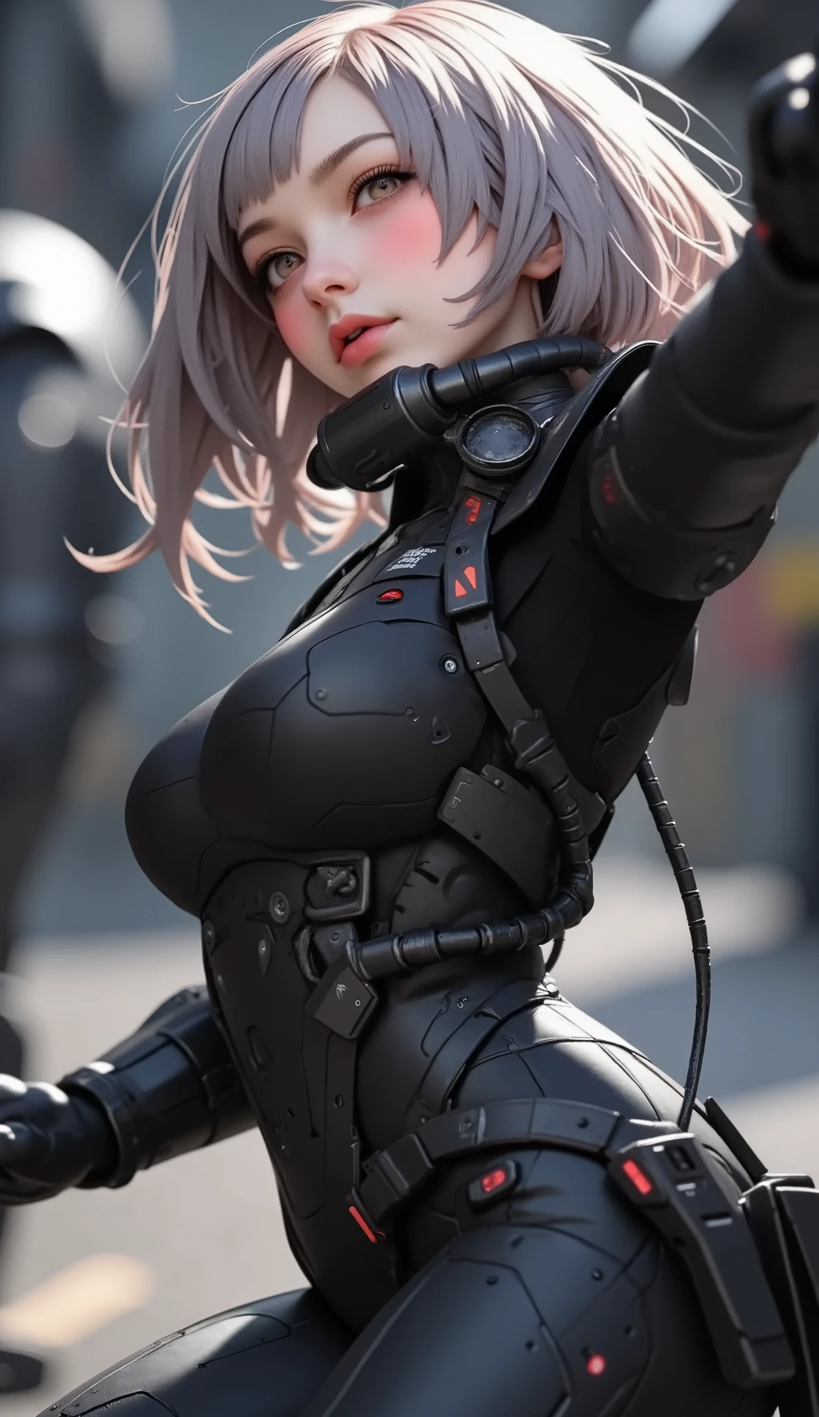 close-up of a person, Zaku, dynamic action pose ,red, MEGASCAN , Shiro Masamune style , Masamune Shirow, inspired Masamune Shirow, Zaku, Female Mecha, Black Mecha, Japanese Mecha, Macross's style, Mecha Girl, gravure style、big breasts、twin tails、 Silver Hair、