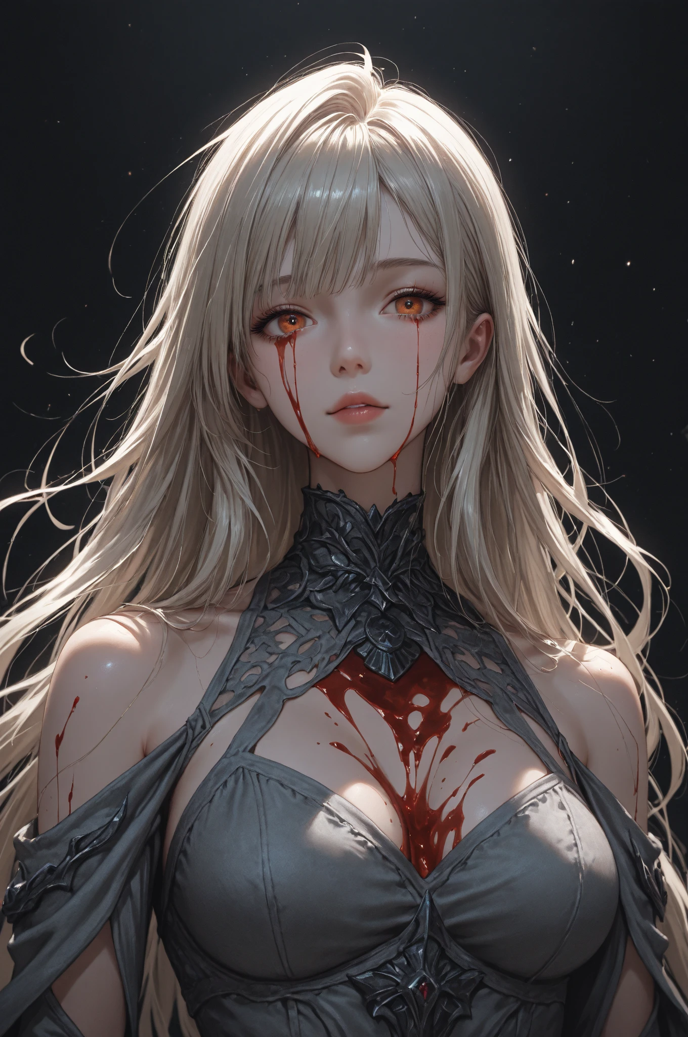 (32K:1.5, Dark fantasy:1.4, Highest quality, masterpiece, Ultra-high resolution), Perfect dynamic composition:1.3, Horror Portrait:1.3, chaos, Dark Background:1.3, Prisoner, slave, Dark Demon World, (Detailed tattoos on the whole body:1.4, Wearing elaborate jewelry:1.4), Very detailedな肌と顔の質感:1.3, Very accurate, Very detailed, (Cute and sexy succubus demon with big wings:1.3, Incredibly slim body:1.3, beautifully、beautiful:1.3), Horn, Fair skin, Sensual posture, ((How to properly dress bloody and badly torn clothing:1.3)), Medium chest, (Big eyes that exude beautiful eroticism:0.4, Feel the intense caress:1.0, Please open your mouth a little, lipstick, Feel the beautiful eroticism:0.9, Too sexy and cute:0.7, charm的な:0.7), ((Covered in blood:1.5, Physical pain:1.5, Lots of chains:1.6, Countless chains tangled in clothes:1.6, Chain your right arm:1.5, Chain the left arm:1.5, The right leg is bound with a shackle and chain:1.5, The left leg is bound with a shackle and chain:1.5)), Super long blonde curly hair, Earrings, necklace, bracelet, romantic, mysterious, elegant, Object of admiration, original, dramatic, artistic, Innovative, charm, Heartful, Fancy, sense of openness, sense of cleanliness, special, exciting, Extreme, Tilt, sense of loss, sorrow, sorrowの表現, ((大人のcharm, 女性的なcharm))