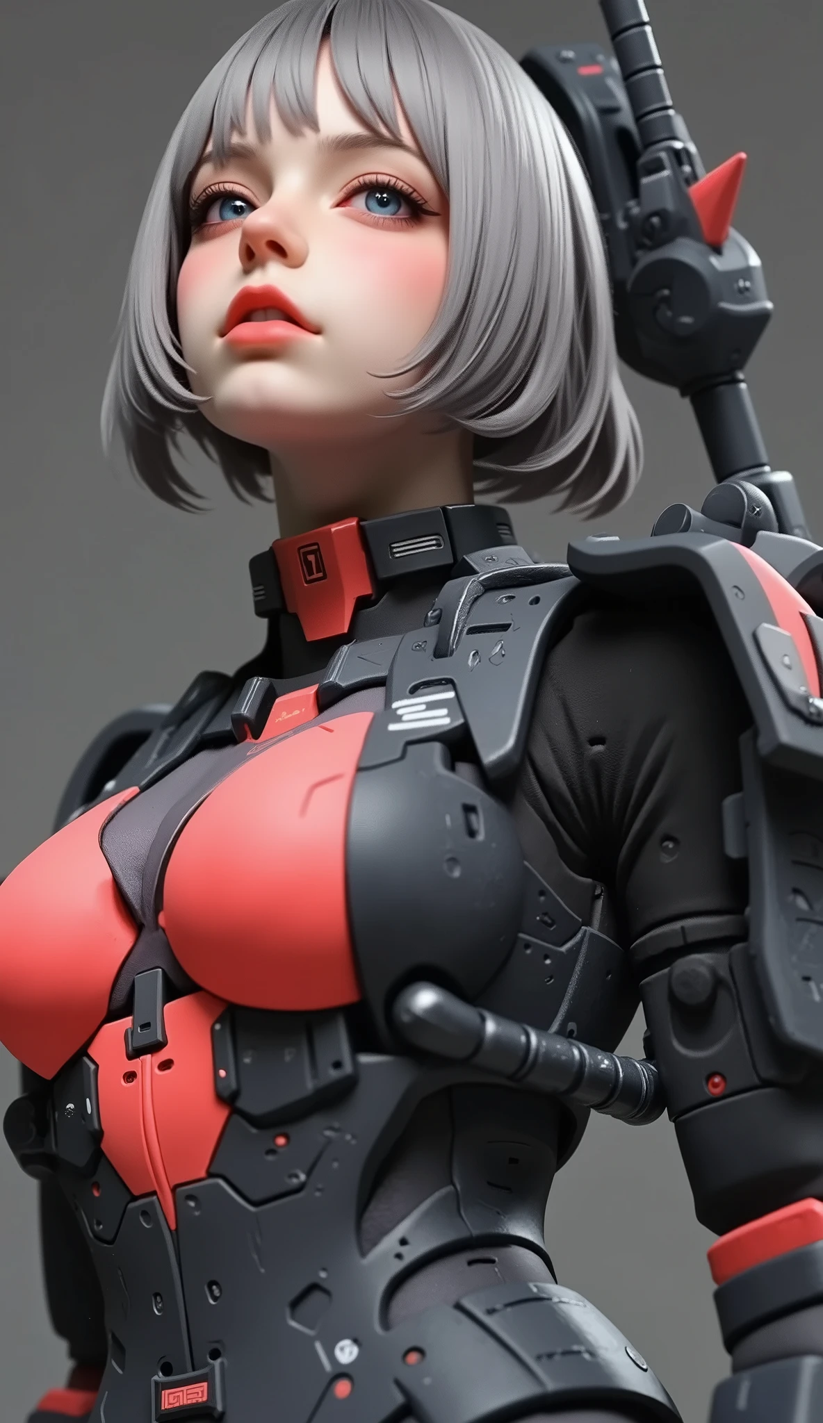 close-up of a person, Zaku, dynamic action pose ,red, MEGASCAN , Shiro Masamune style , Masamune Shirow, inspired Masamune Shirow, Zaku, Female Mecha, Black Mecha, Japanese Mecha, Macross's style, Mecha Girl, gravure style、big breasts、short hair、 Silver Hair、