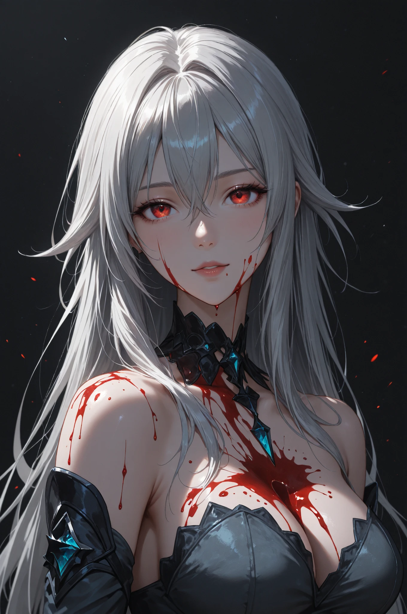 A girl, wearing a damaged leather suit, a ripped leather suit, skimpy, she's sad, tears, heartbroken, hurt, blood, dark garden, white roses, ultra detailed face, long eyelashes, sharp eyes, perfect make up,