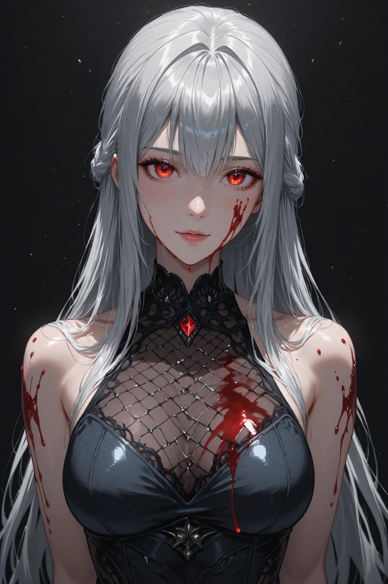 ((Best masterpiece, Perfect quality, Ultra detailed)), A skinny girl, With small bust, With white hair, Is parasitic, Wearing black bra, Wearing black panty, Naked limbs, Injured body, Bloody wounds, Mutated limbs, Parasites, Grotesque, Full body