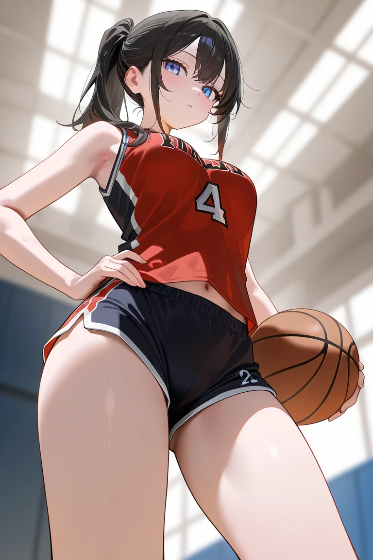 hairy rabbit mom , realistic rabbit legs , round face , (tilt face:1.1) , (half-open wink:1.2) , moist round eyes , Swollen cheeks , dark color hair , long hair , lively smile , glossy lips , summer dress , 3 on 3 coat , basketball , (high speed Blur:1.3) , Hair fluttering in the wind , hairy crotch , dribble