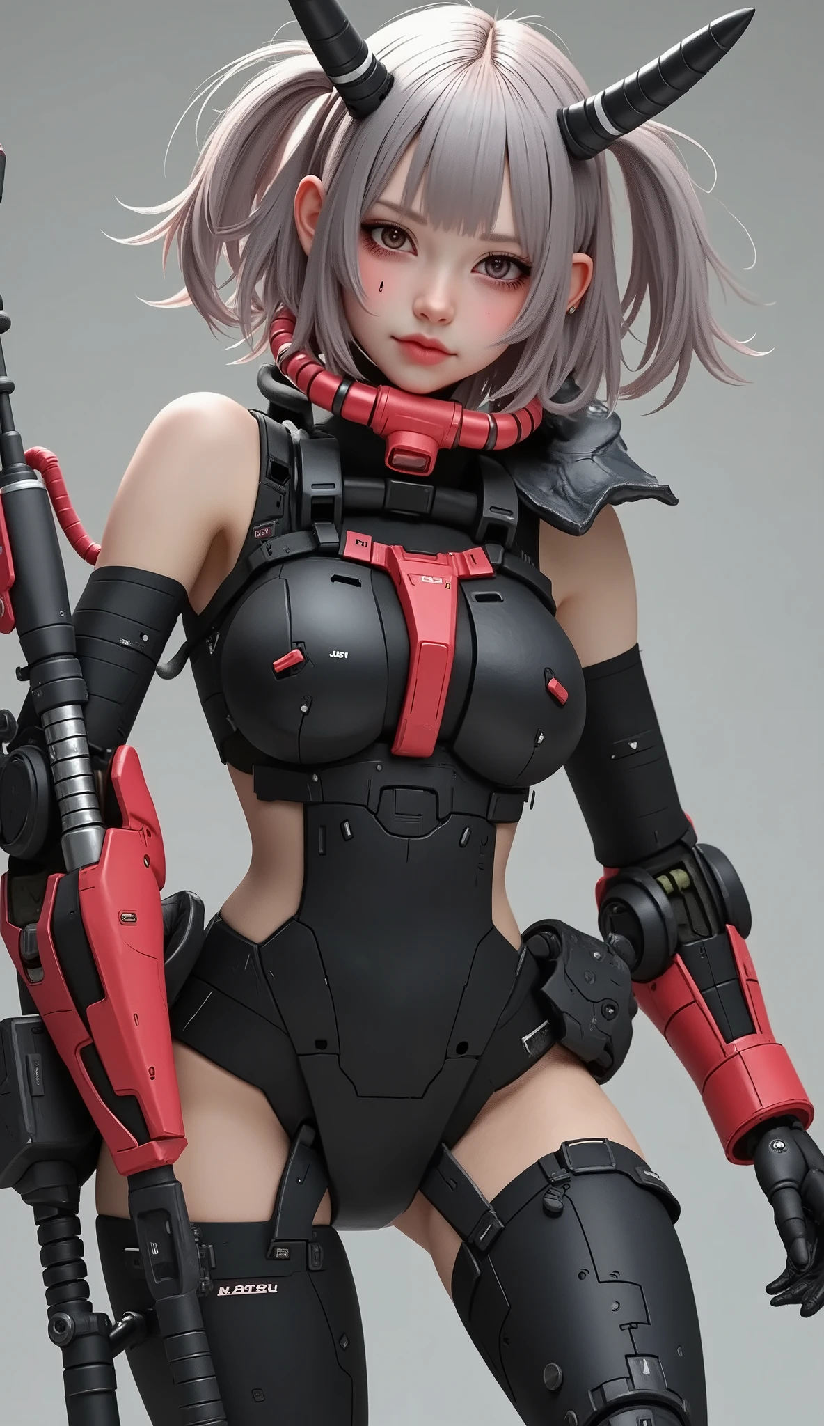 close-up of a person, Zaku, dynamic action pose ,red, MEGASCAN , Shiro Masamune style , Masamune Shirow, inspired Masamune Shirow, Zaku, Female Mecha, Black Mecha, Japanese Mecha, Macross's style, Mecha Girl, gravure style、big breasts、twin tails、 Silver Hair、bikini、