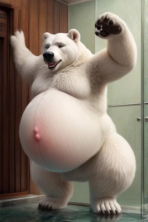 (((detailed eyes, detailed face))), (anthro, borealis(LAH) <lora:borealis:1>, polarbear), male, (solo), (plump, belly, chubby, overweight), (white micro g-string <lora:bulge_micro_g-string_xindigo_v1:1>, bulge, topless), standing, arms behind back, smile, photorealistic, hyper realistic, ultra detailed, bedroom, light environment, 8k, UHD, masterpiece
