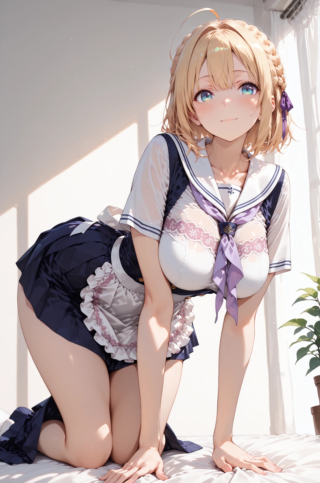 (8k、Highest quality、highest quality、masterpiece)、Detailed face、1girl、1boy、Blonde、 ((Brown skin:1.4))、bionde、short hair、Grey Eyes、blush、Embarrassing、Embarrassed、tough、painful、Open your mouth、super big breasts、((naked pussy)、((naked breasts))、Full body portrait、Skirt Lift、ailor suit、White knee-high socks、Black Mary Janes、big penis in pussy、sex、Big ribbon on head、love juice、pussy juice